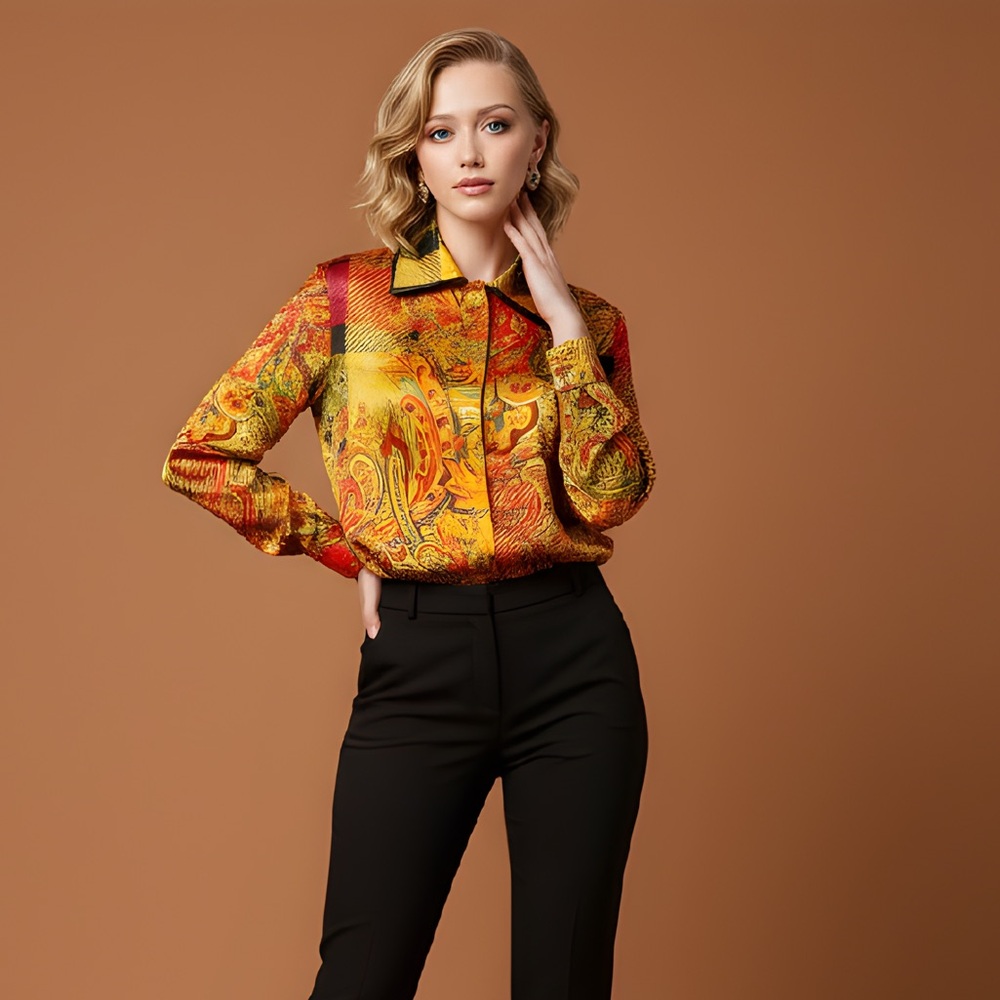 EUC Louis Feraud SZ 4 gold/red/black multicolored silk paisley print blouse - Picture 2 of 12